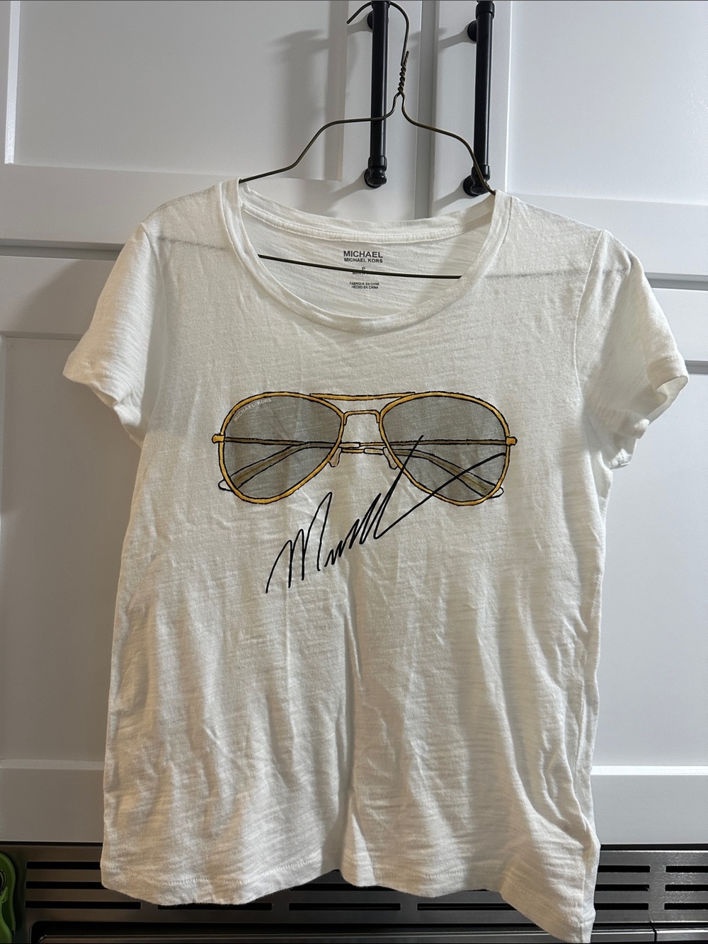 Michael Kors White Short Sleeve Tee with Gold Sunglasses Motif